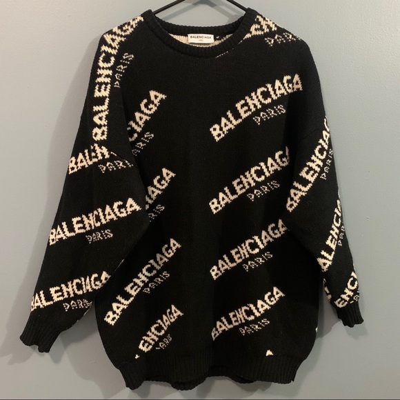 Balenciaga Sweaters - BALENCIAGA All Over Logo Black Crewneck Sweater